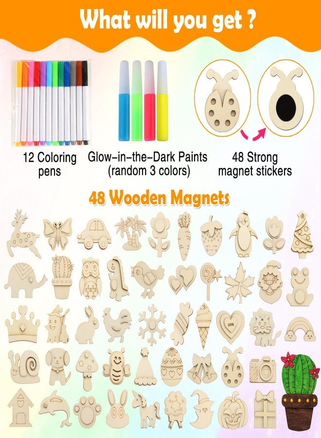 Worgree 48 Pcs DIY Wooden Magnets, Wooden Art Craft Supplies Painting Kit for Kids Ages 4-8 8-12 Glow in The Dark Party Favors Goodie Bag Stuffers Birthday Gifts Toys for Boys Girls - Image 2